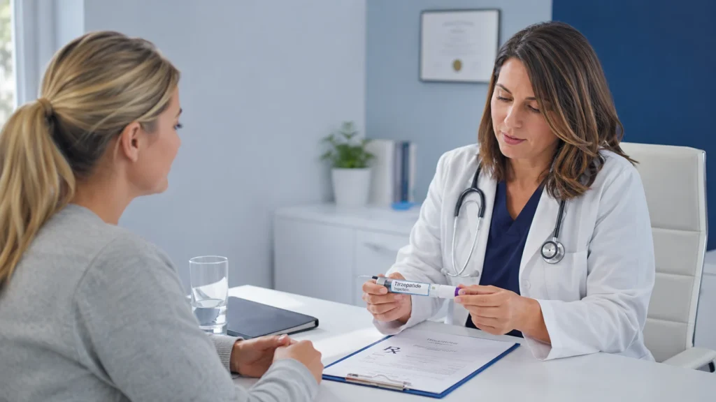 Healthcare professional reviewing a tirzepatide injection pen and prescription documentation with an adult patient during a medical consultation